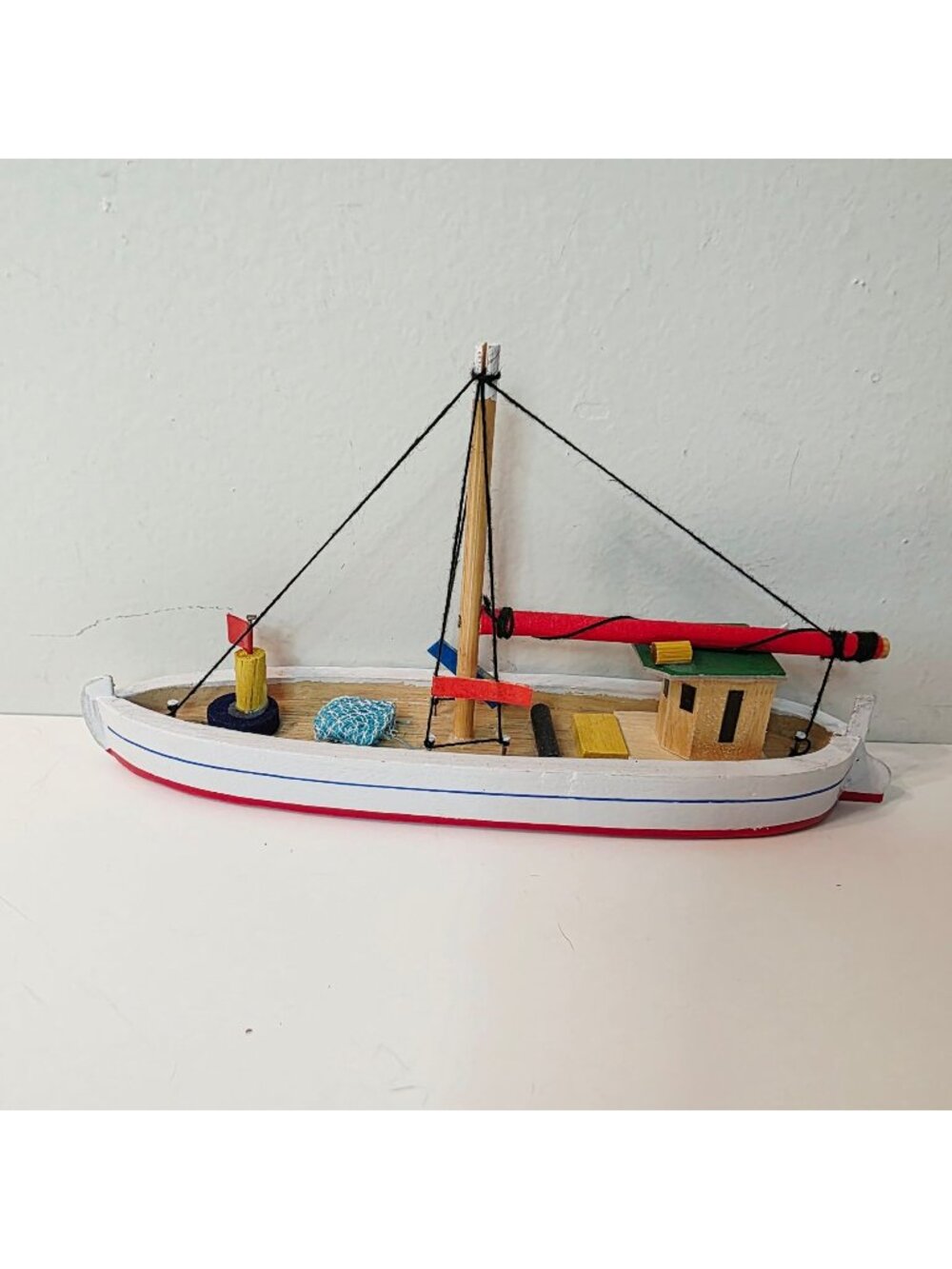 7in Vtg Penco Port Townsend WA Wooden Fishing Trawler Sail Boat White & Red